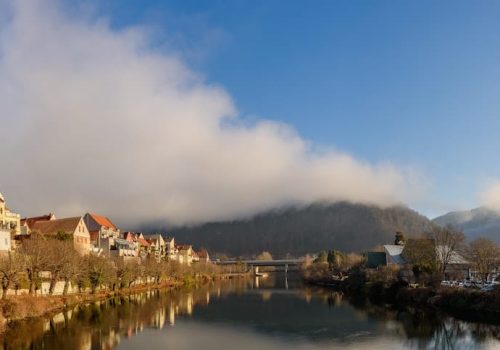 Frohnleiten panorama small city above Mur river in Styria,Austria. Famous travel destination